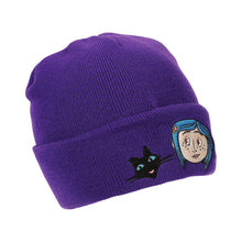 Load image into Gallery viewer, Coraline & Black Cat Character Art Purple Cuff Beanie