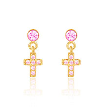 Load image into Gallery viewer, Little Luxe Drop Earrings | Cross with Pink Cubic Zirconia