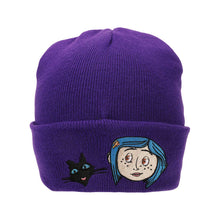 Load image into Gallery viewer, Coraline & Black Cat Character Art Purple Cuff Beanie