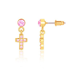 Load image into Gallery viewer, Little Luxe Drop Earrings | Cross with Pink Cubic Zirconia