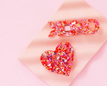Load image into Gallery viewer, Hair Clip Set - Heart + XOXO - Red + Pink Confetti