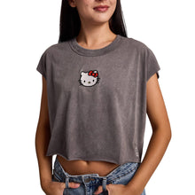 Load image into Gallery viewer, Hello Kitty Embroidered Character Face Women's Black Ram Hem Cropped Tank: Medium