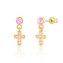 Load image into Gallery viewer, Little Luxe Drop Earrings | Cross with Pink Cubic Zirconia