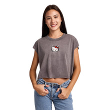 Load image into Gallery viewer, Hello Kitty Embroidered Character Face Women's Black Ram Hem Cropped Tank: Medium