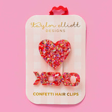 Load image into Gallery viewer, Hair Clip Set - Heart + XOXO - Red + Pink Confetti