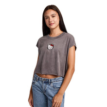 Load image into Gallery viewer, Hello Kitty Embroidered Character Face Women's Black Ram Hem Cropped Tank: Medium