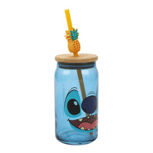 Load image into Gallery viewer, Disney Stitch Big Face 15 Oz Blue Glass Bottle With Straw &amp; Lid
