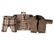 Jacket, pants and tie in suitcase,  Grandpa mouse