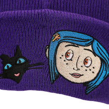 Load image into Gallery viewer, Coraline &amp; Black Cat Character Art Purple Cuff Beanie
