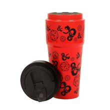 Load image into Gallery viewer, Dungeons &amp; Dragons D20 Dice &amp; Logo Red 27 Oz Stainless Steel Coffee Tumbler
