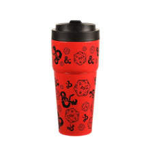 Load image into Gallery viewer, Dungeons &amp; Dragons D20 Dice &amp; Logo Red 27 Oz Stainless Steel Coffee Tumbler
