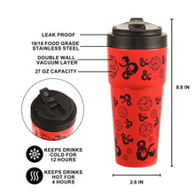 Load image into Gallery viewer, Dungeons &amp; Dragons D20 Dice &amp; Logo Red 27 Oz Stainless Steel Coffee Tumbler
