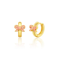 Load image into Gallery viewer, Pink Bow Earlets | 18K Gold Plated Girls Huggie Earrings
