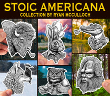Load image into Gallery viewer, VINYL STICKER: Hipster Bigfoot (Stoic Americana) (4-inch)
