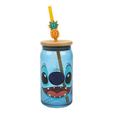 Load image into Gallery viewer, Disney Stitch Big Face 15 Oz Blue Glass Bottle With Straw &amp; Lid

