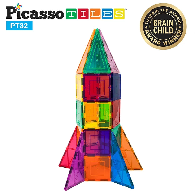 PicassoTiles 32 Piece Magnetic Rocket Tileset